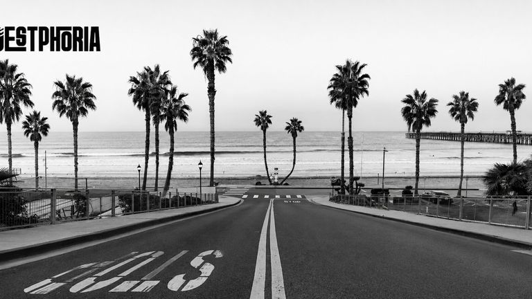 Palm-lined street leads to calm beach and pier in black and white, with Westphoria logo.
