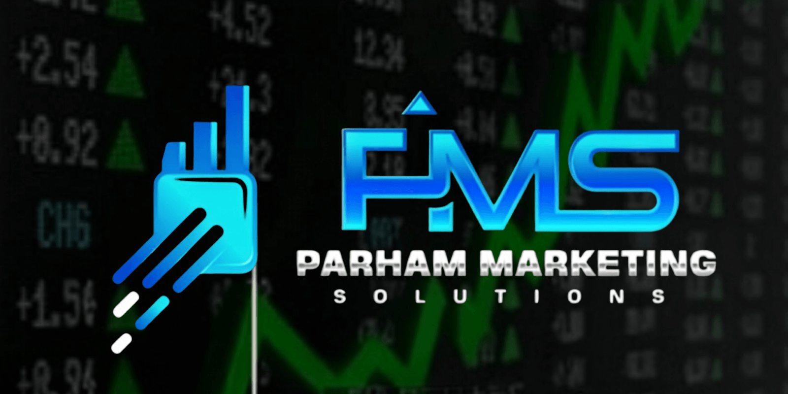 "Parham Marketing Solutions logo alongside financial growth chart, symbolizing digital marketing expertise aimed at boosting business success."
