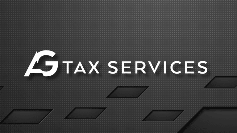 Logo for AG Tax Services on a textured dark background with geometric accents