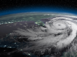 Aerial view of a powerful hurricane swirling over the ocean at night