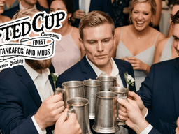 Group of men in suits toasting with metal mugs at a celebration