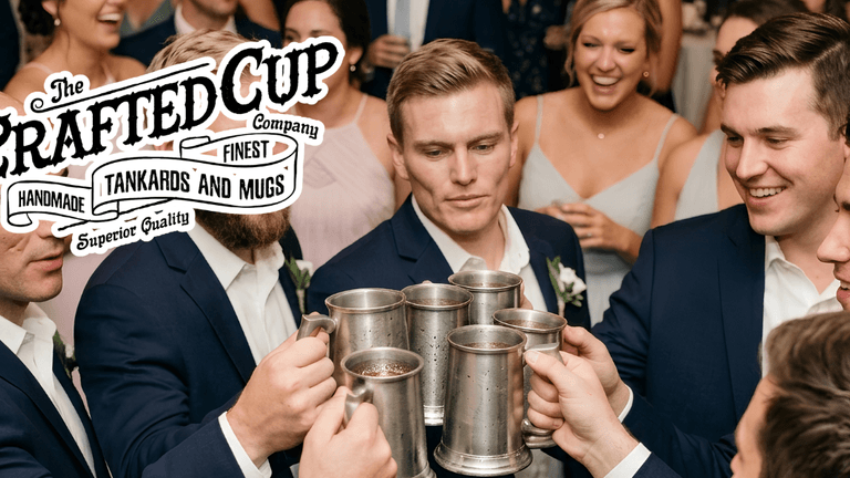 Group of men in suits toasting with metal mugs at a celebration