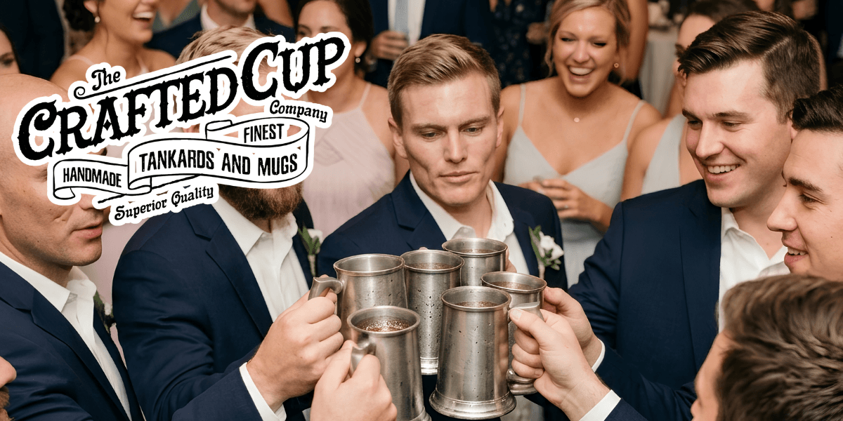 Group of men in suits toasting with metal mugs at a celebration