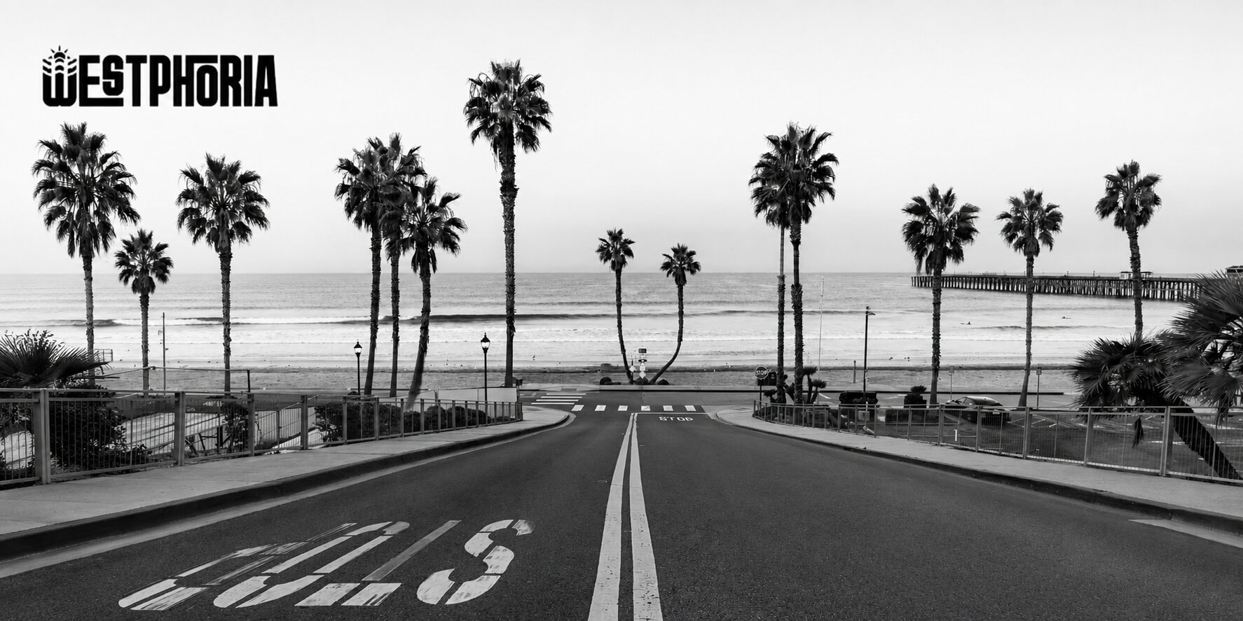 Palm-lined street leads to calm beach and pier in black and white, with Westphoria logo.