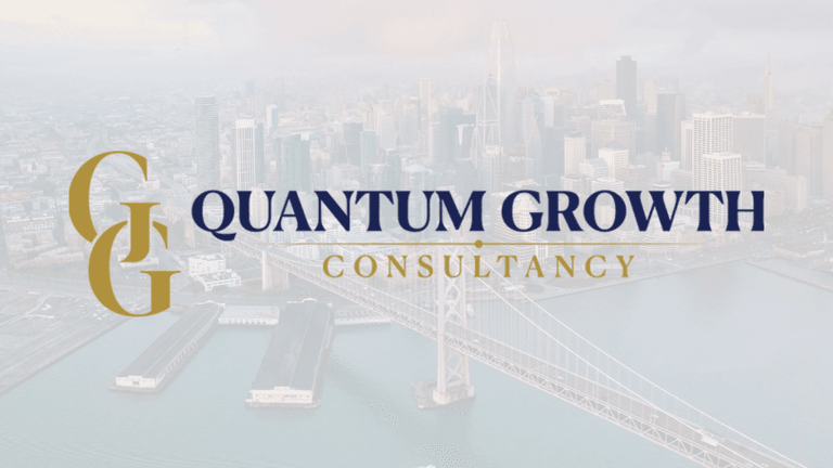 Quantum Growth Consultancy logo with a global financial background highlighting key international cities.