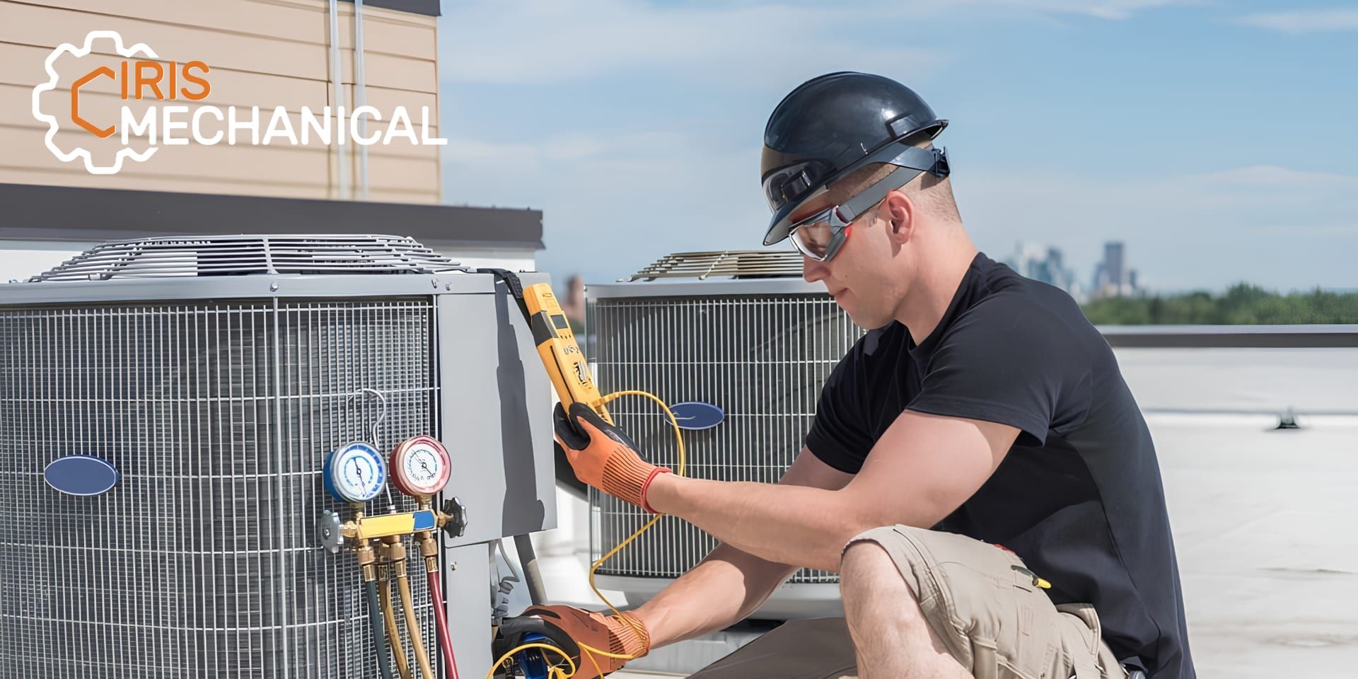 Iris Mechanical technician servicing rooftop HVAC units in the Bay Area.