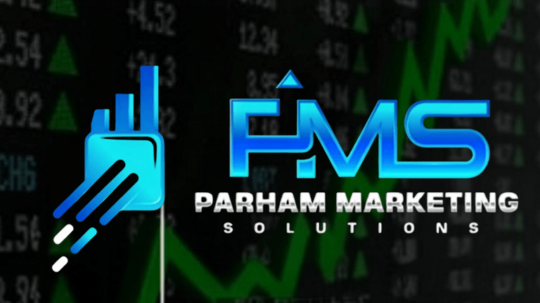 "Parham Marketing Solutions logo alongside financial growth chart, symbolizing digital marketing expertise aimed at boosting business success."