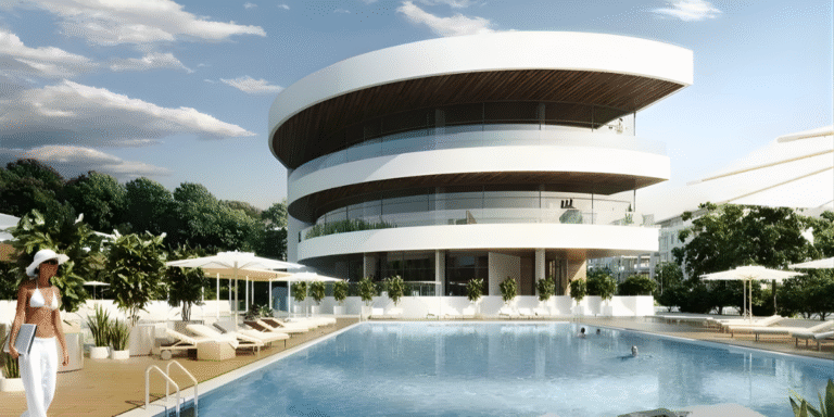 Modern circular luxury building overlooking resort-style pool with loungers, umbrellas, and woman walking along deck.