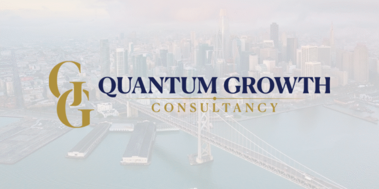 Quantum Growth Consultancy logo with a global financial background highlighting key international cities.