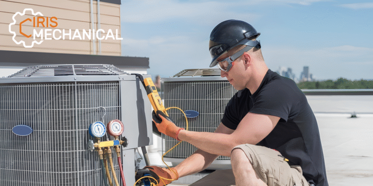 Iris Mechanical technician servicing rooftop HVAC units in the Bay Area.